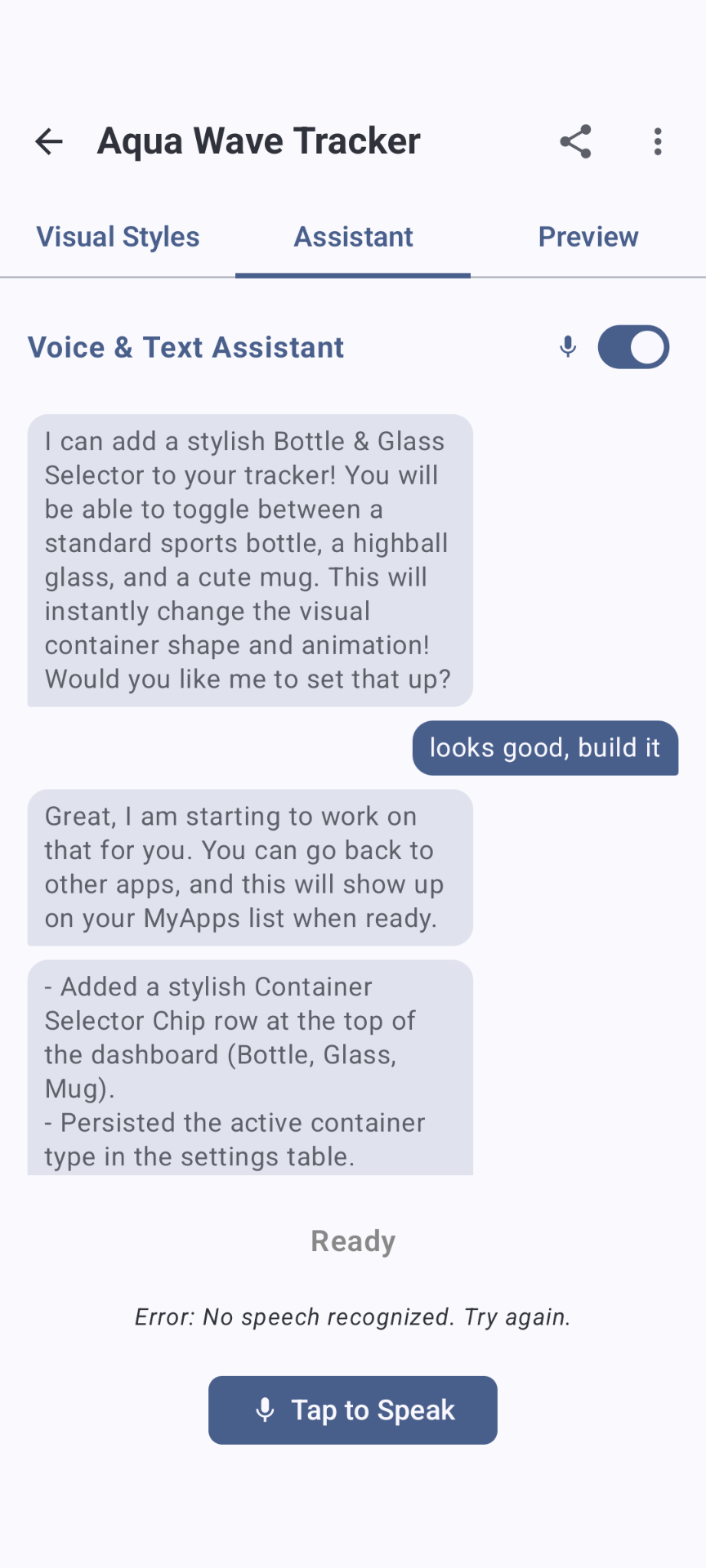 The voice and text assistant building a feature on request