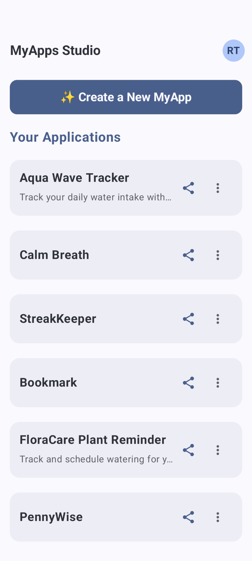 MyApp Studio dashboard listing generated apps