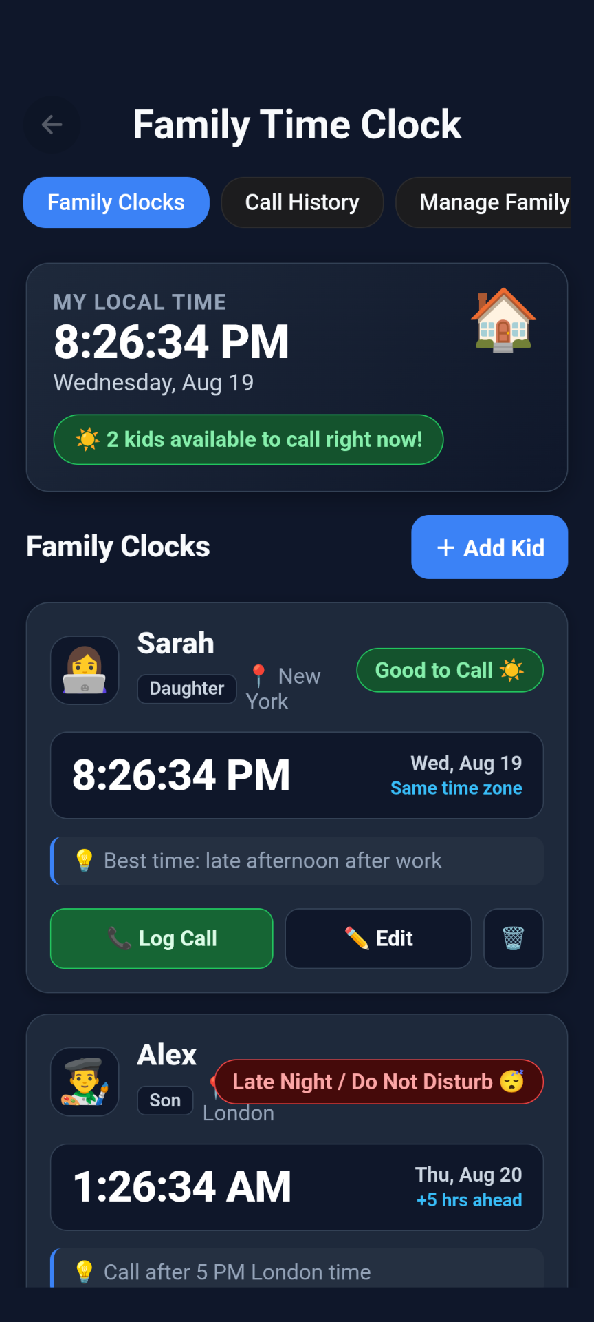 A family time-zone app generated by MyApp Studio, showing each child's local time and whether it is a good time to call