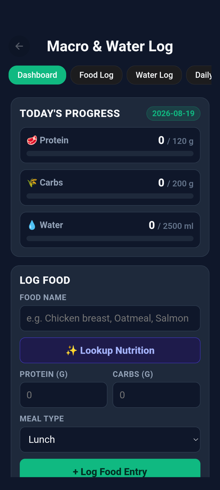Generated nutrition tracker app with daily protein, carb and water targets and an AI-powered nutrition lookup