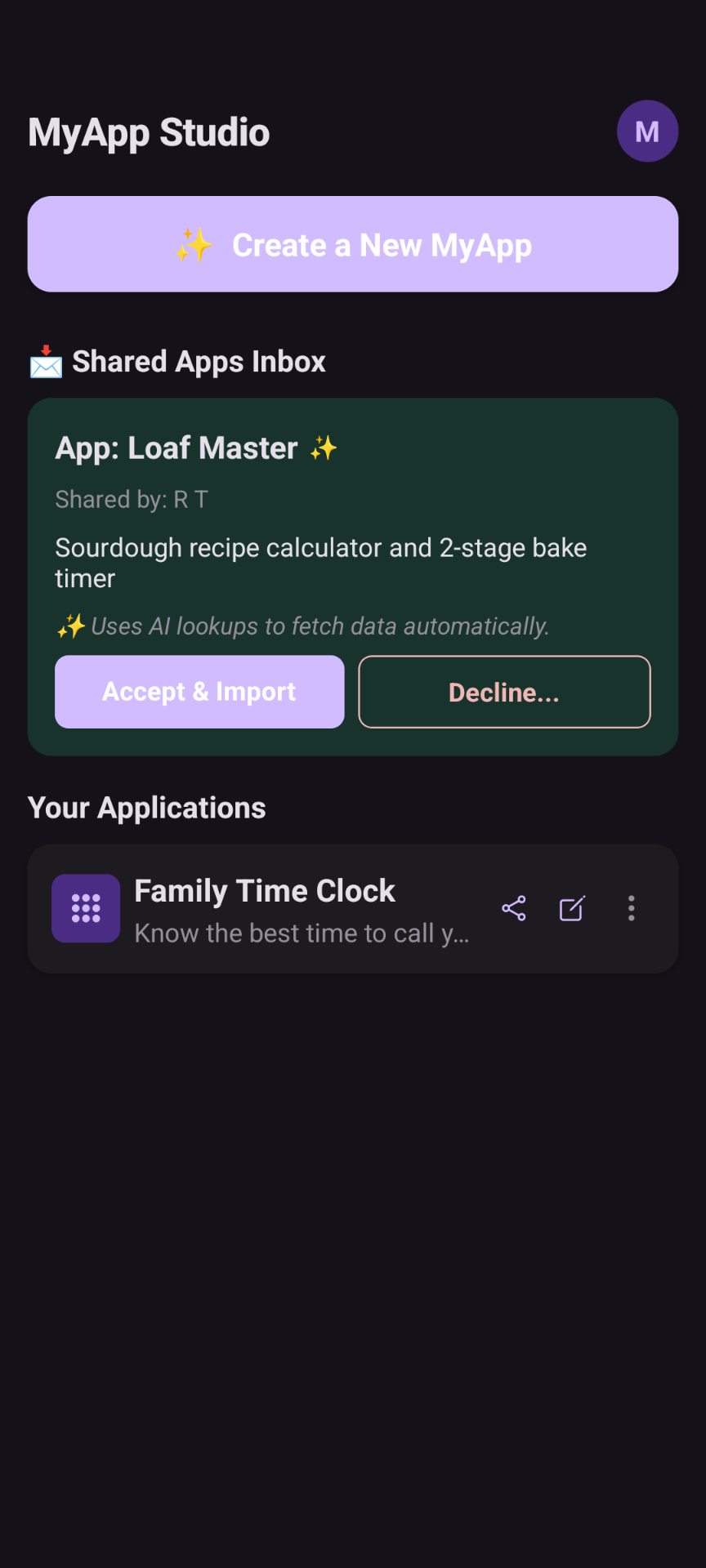 A shared apps inbox offering to accept and import a sourdough app another person sent