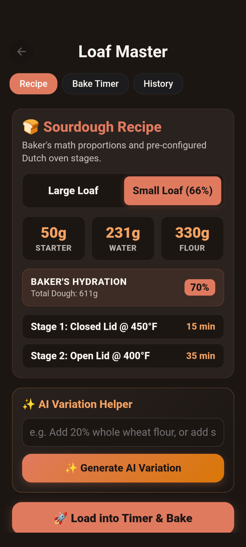Generated sourdough app showing baker's percentages scaled to a 66% loaf and two Dutch-oven bake stages