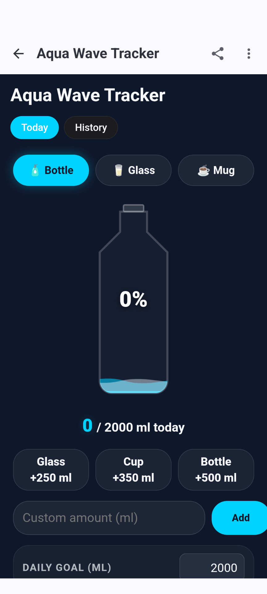 A water-intake tracker app generated by MyApp Studio, showing an animated bottle and daily goal